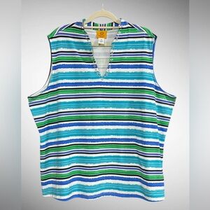 Ruby Rd Women’s Plus-size 2XL V-neck Sleeveless Top Black Green Blue Stripes